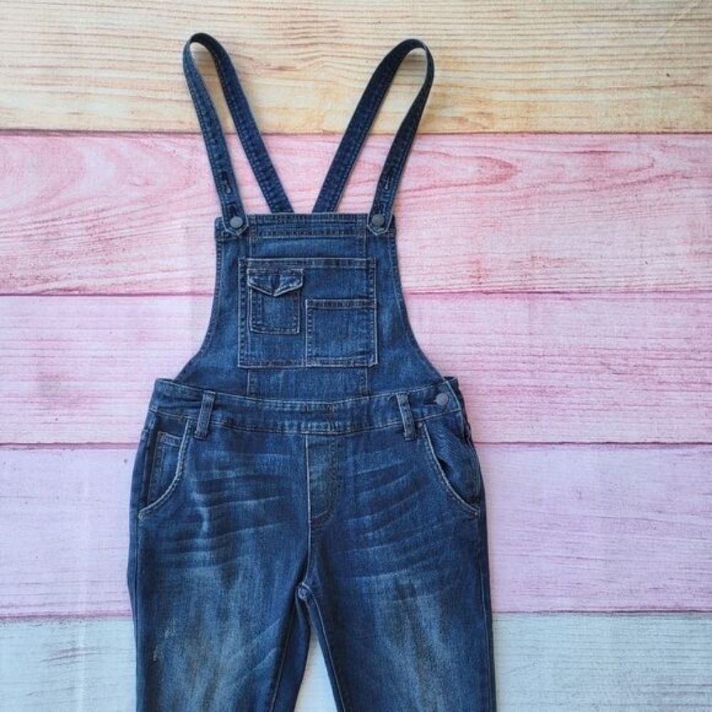 Free People Blue Washed Skinny Cotton Blend Denim Overall Size 26 Boho Casual - Picture 4 of 6